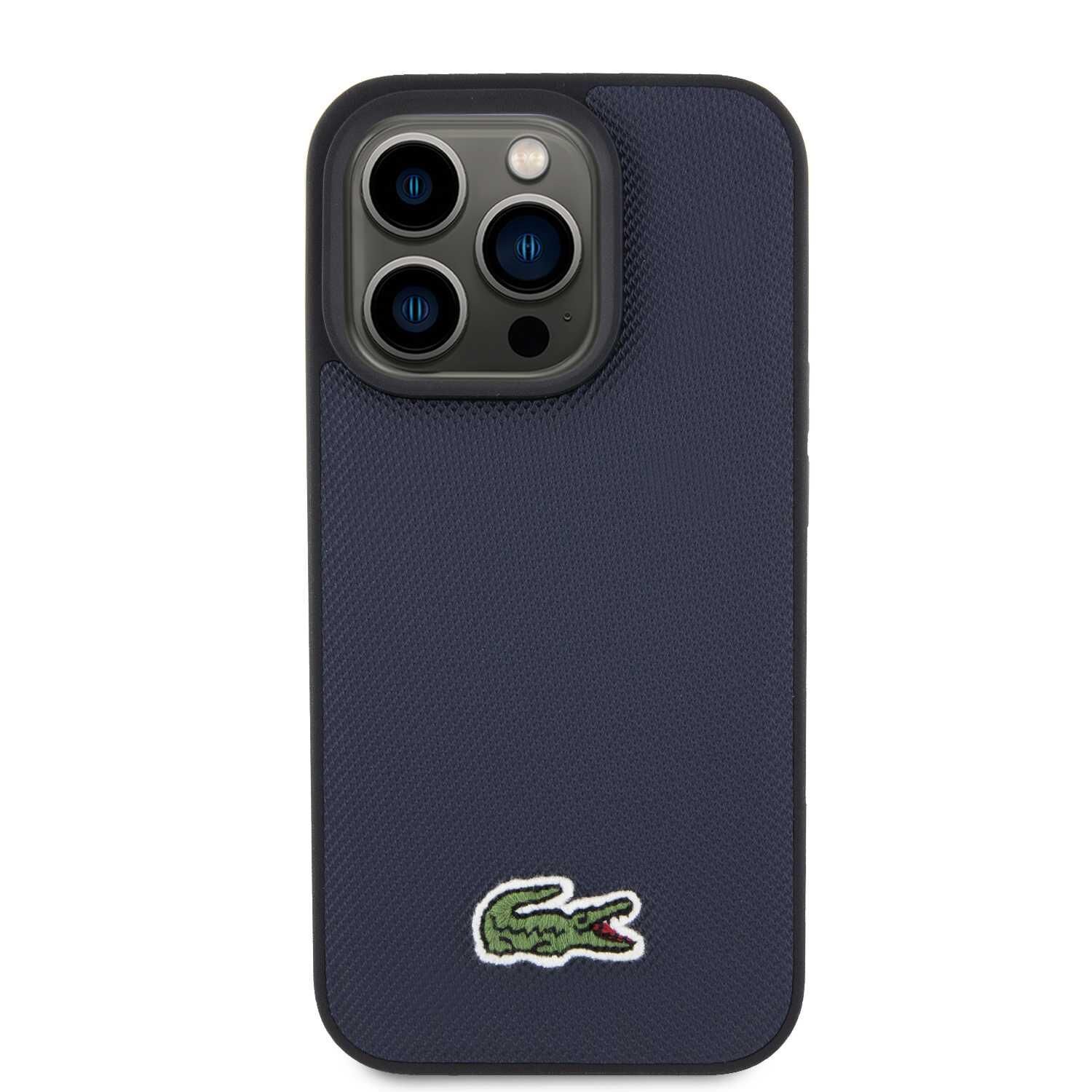 Apple iPhone 15 Pro Kılıf - Lacoste Orijinal Lisanslı - PU Pike Desenli - İkonik Timsah Dokuma Logolu Kapak - Lacivert