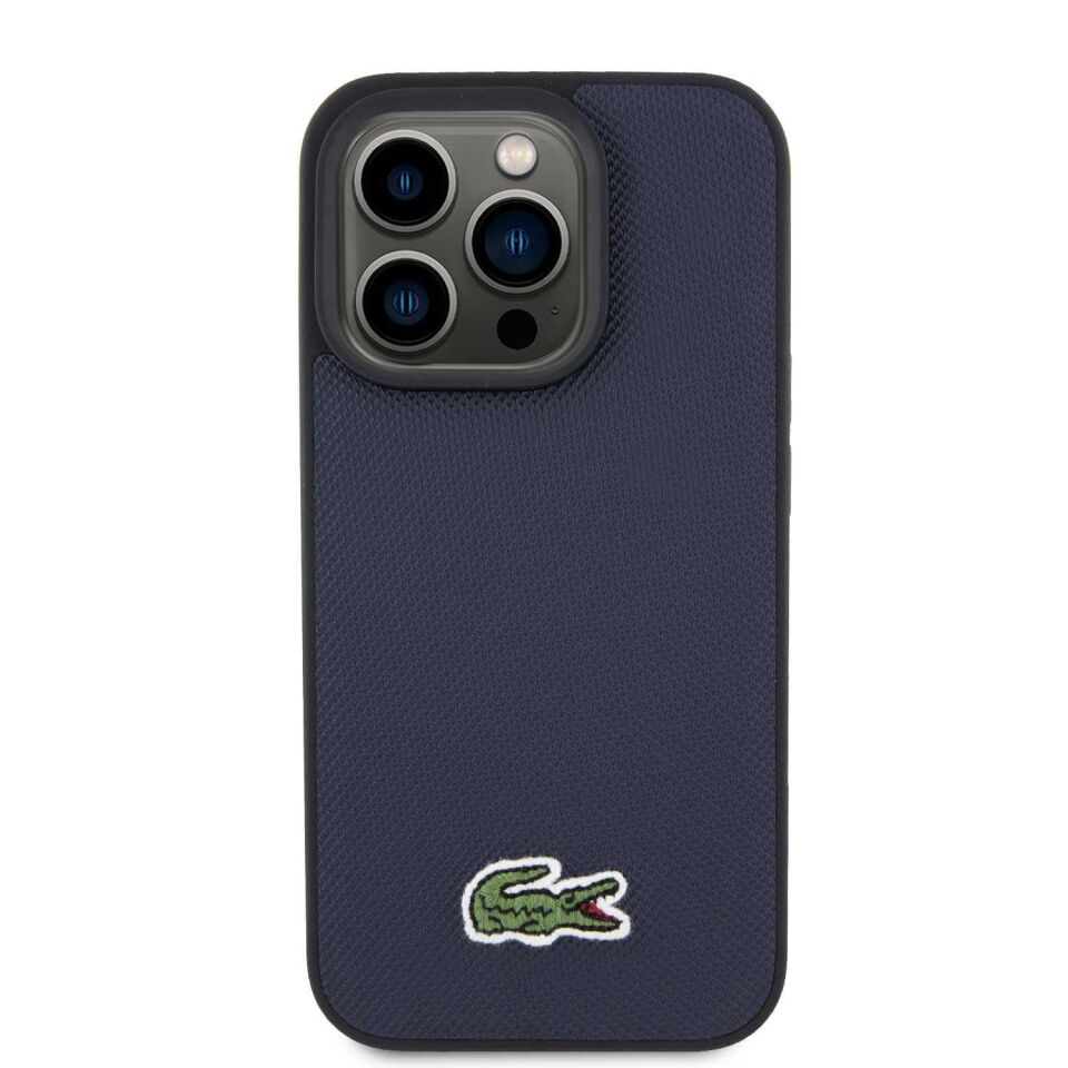 Apple iPhone 15 Pro Kılıf - Lacoste Orijinal Lisanslı - PU Pike Desenli - İkonik Timsah Dokuma Logolu Kapak - Lacivert