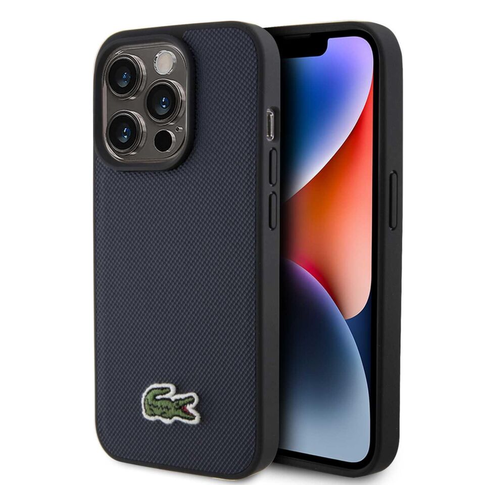 Apple iPhone 15 Pro Kılıf - Lacoste Orijinal Lisanslı - PU Pike Desenli - İkonik Timsah Dokuma Logolu Kapak - Lacivert