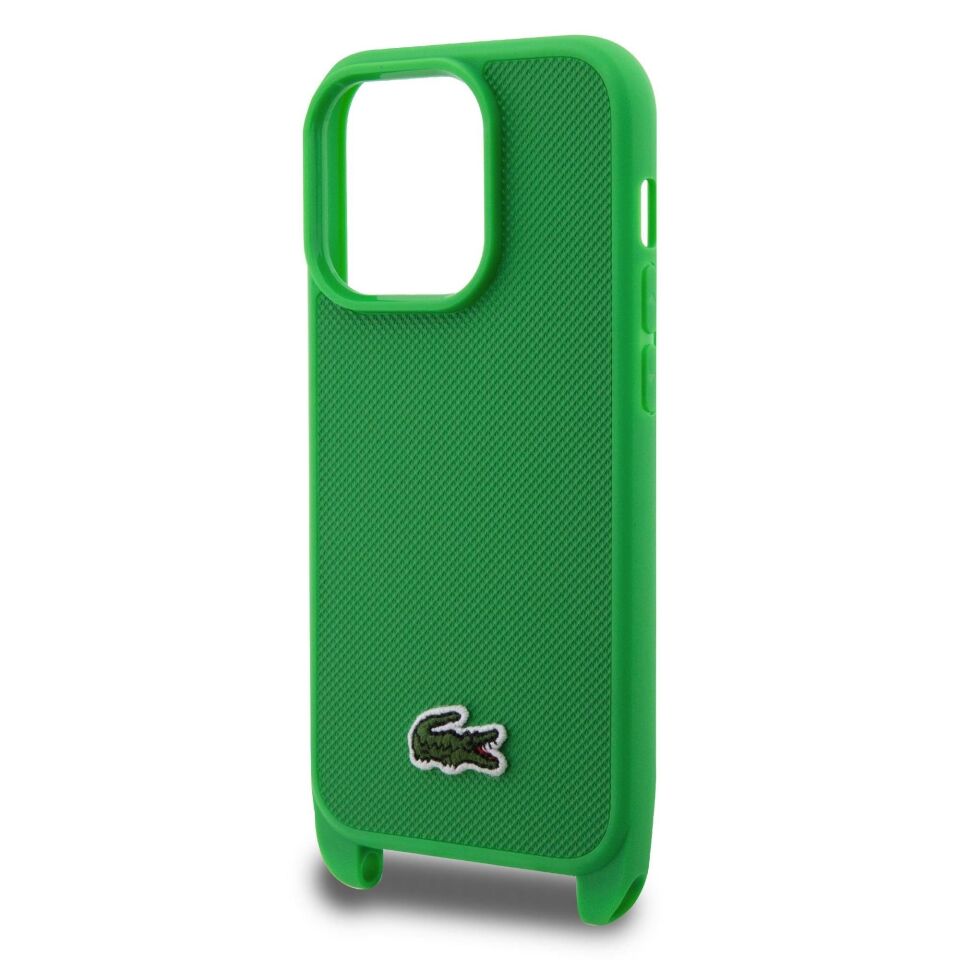 Apple iPhone 15 Pro (6.1) Kılıf - Lacoste Orijinal Lisanslı - PU Pike Desenli - Arka Yüzey Askılı - İkonik Timsah Dokuma Logolu Kapak - Yeşil