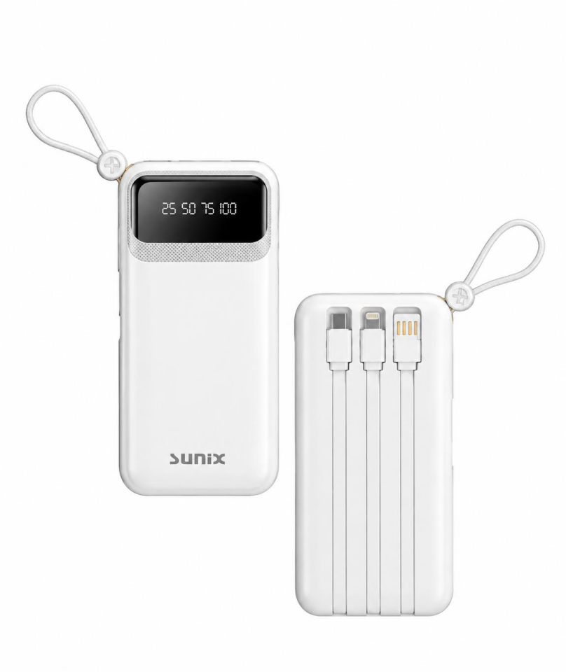 Sunix Pb 120 10.000 Mah Dijital Göstergeli Kendinden Kablolu Powerbank Beyaz