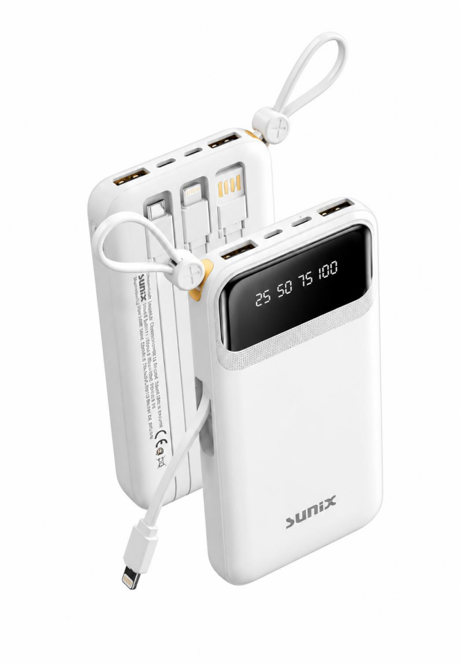 Sunix Pb 120 10.000 Mah Dijital Göstergeli Kendinden Kablolu Powerbank Beyaz