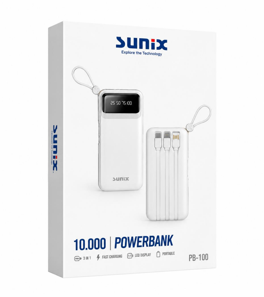 Sunix Pb 120 10.000 Mah Dijital Göstergeli Kendinden Kablolu Powerbank Beyaz