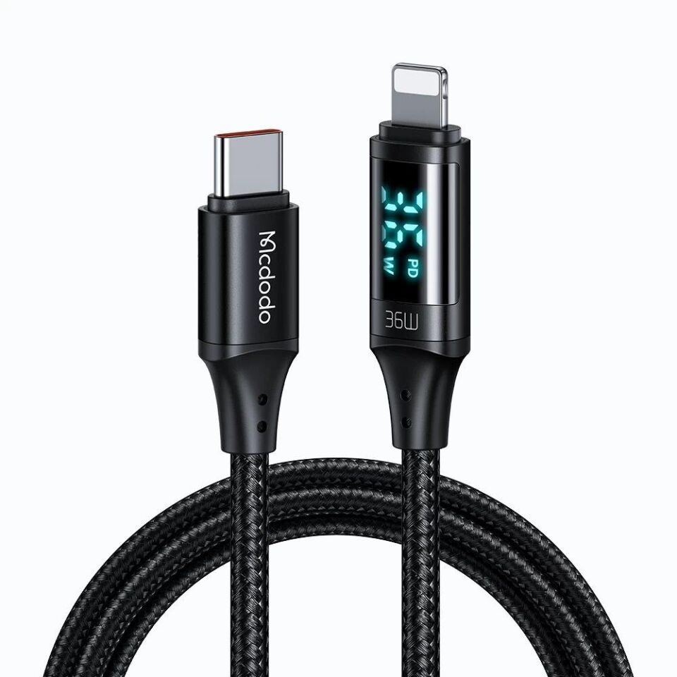 Mcdodo CA-1030 36W Type-C To Lightning Dijital Göstergeli Hızlı Data Şarj Kablosu 1.2 M Siyah