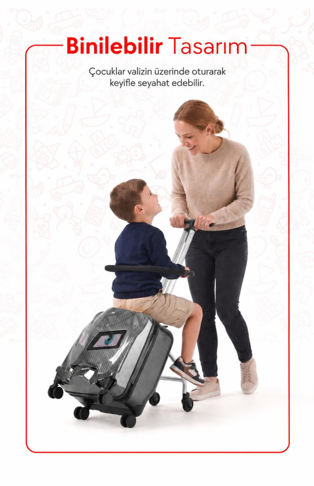 Zampago Led Işıklı Göz Desenli Çocuk Valizi  Binilebilir, Düşme Engelleyici KS-X3-G Siyah