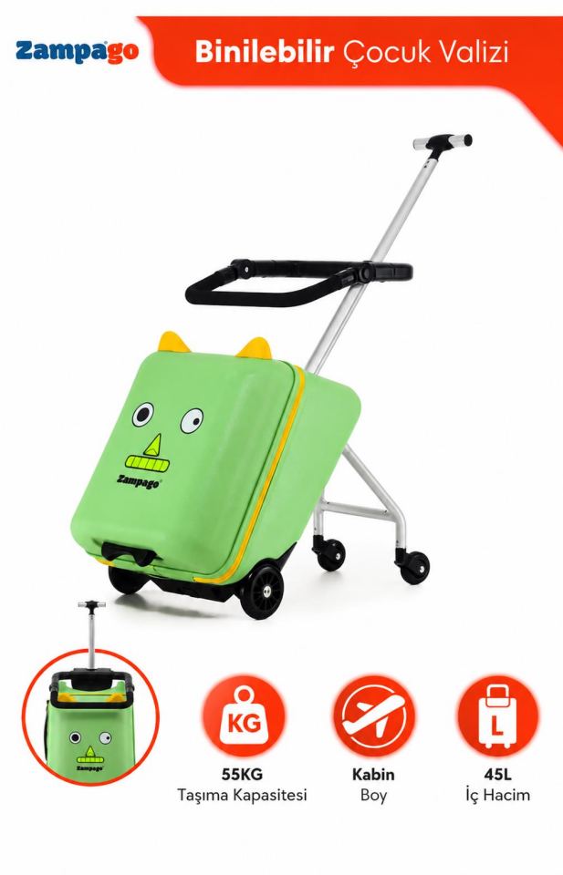 Zampago Monster Kids Ride On Valizi Binilebilir Düsme Engel Yesil