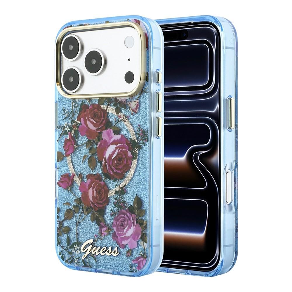 Guess Apple iPhone 18 Pro Max Kılıf  Orjinal Lisanslı M-safe Şarj Özellikli Gül Desenli Simli Yazı Logolu Kapak