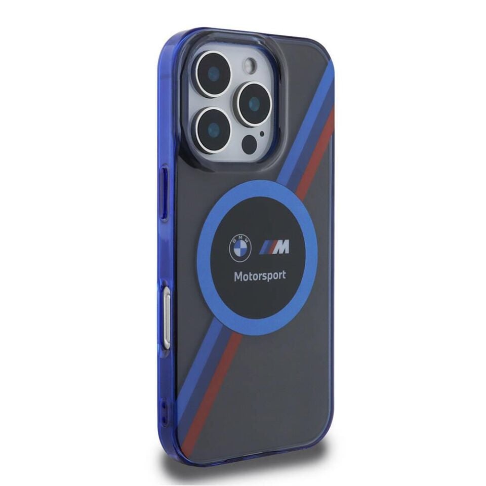 BMW  iPhone 16 Pro Max Lisanslı Magsafe Özellikli M Logolu Üç Renk Çizgili Motorsport Circle Kılıf Lacivert