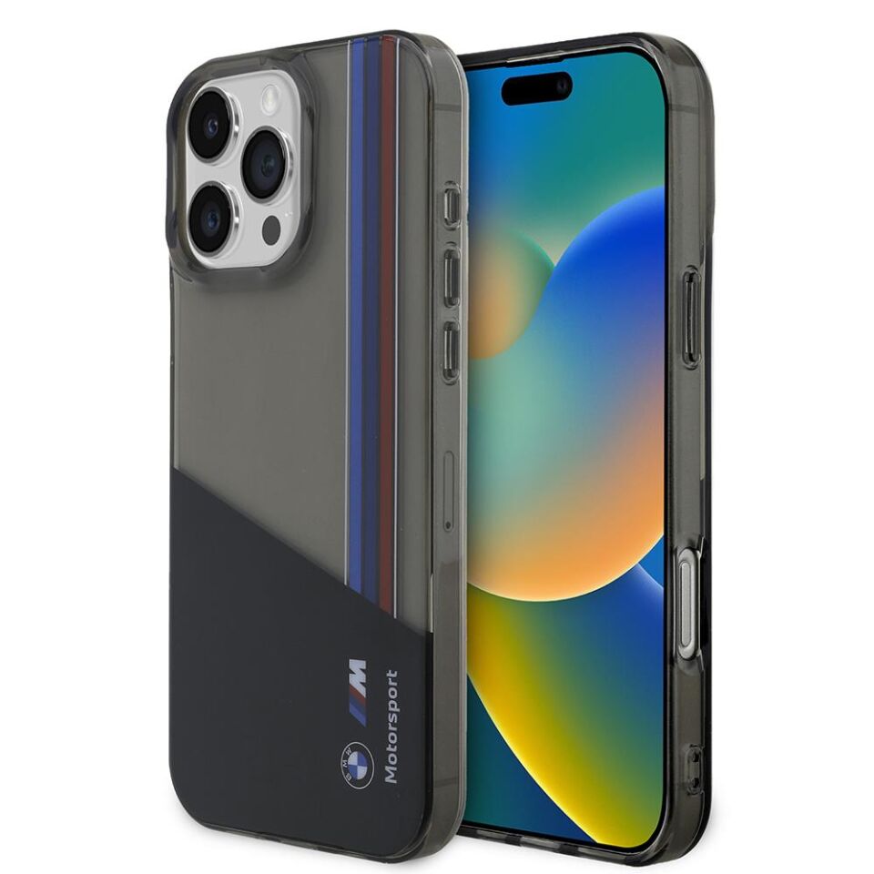 BMW iPhone 16 Pro Max Lisanslı Yarı Transparan M Dizayn Çizgili Kılıf