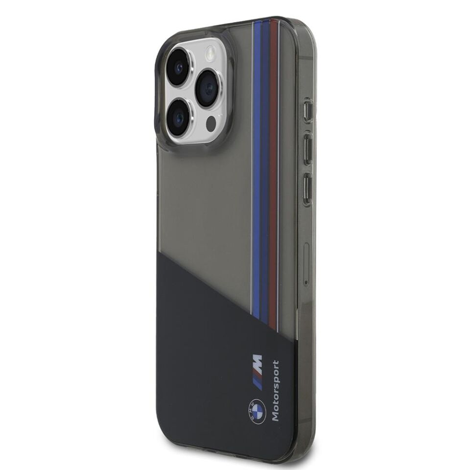 BMW iPhone 16 Pro Max Lisanslı Yarı Transparan M Dizayn Çizgili Kılıf