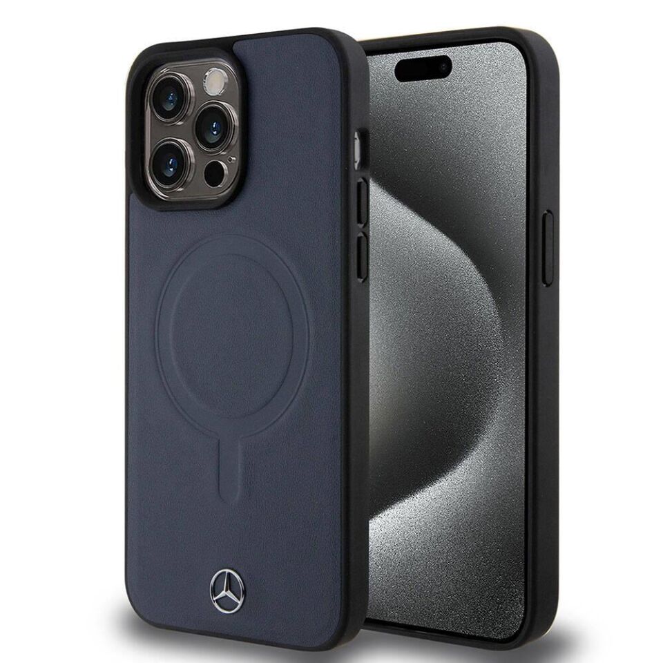 Apple iPhone 15 Pro Max Kılıf - Mercedes Benz Orijinal Lisanslı Magsafe Şarj Özellikli Metal Yıldız Logolu Pürüzsüz Deri Kapak