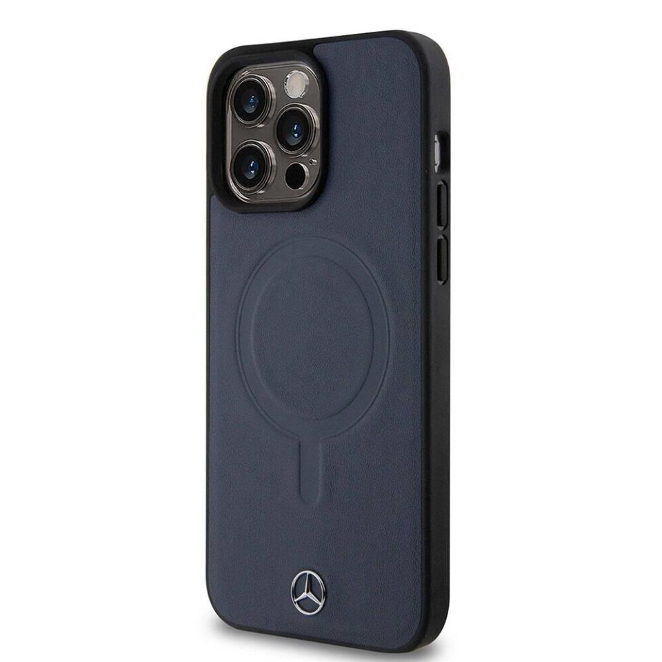 Apple iPhone 15 Pro Max Kılıf - Mercedes Benz Orijinal Lisanslı Magsafe Şarj Özellikli Metal Yıldız Logolu Pürüzsüz Deri Kapak