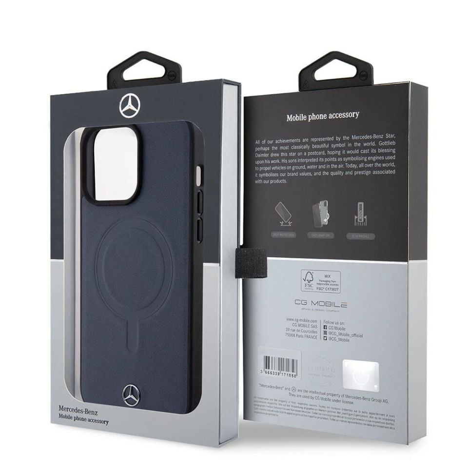 Apple iPhone 15 Pro Max Kılıf - Mercedes Benz Orijinal Lisanslı Magsafe Şarj Özellikli Metal Yıldız Logolu Pürüzsüz Deri Kapak