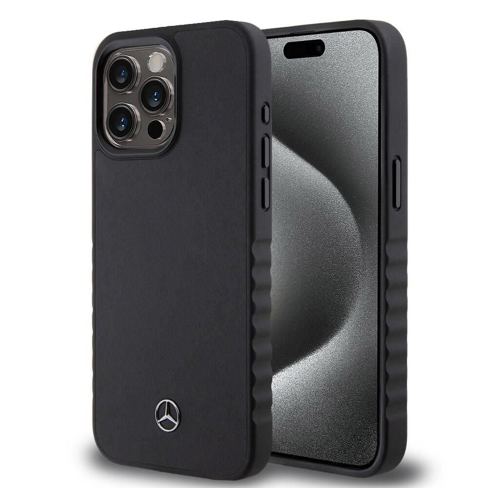 Apple iPhone 15 Pro Max Kılıf Mercedes Benz Orijinal Lisanslı Tırtıklı Kenar Tasarımlı Metal Yıldız Logolu Pürüzsüz Hakiki Deri Kapak