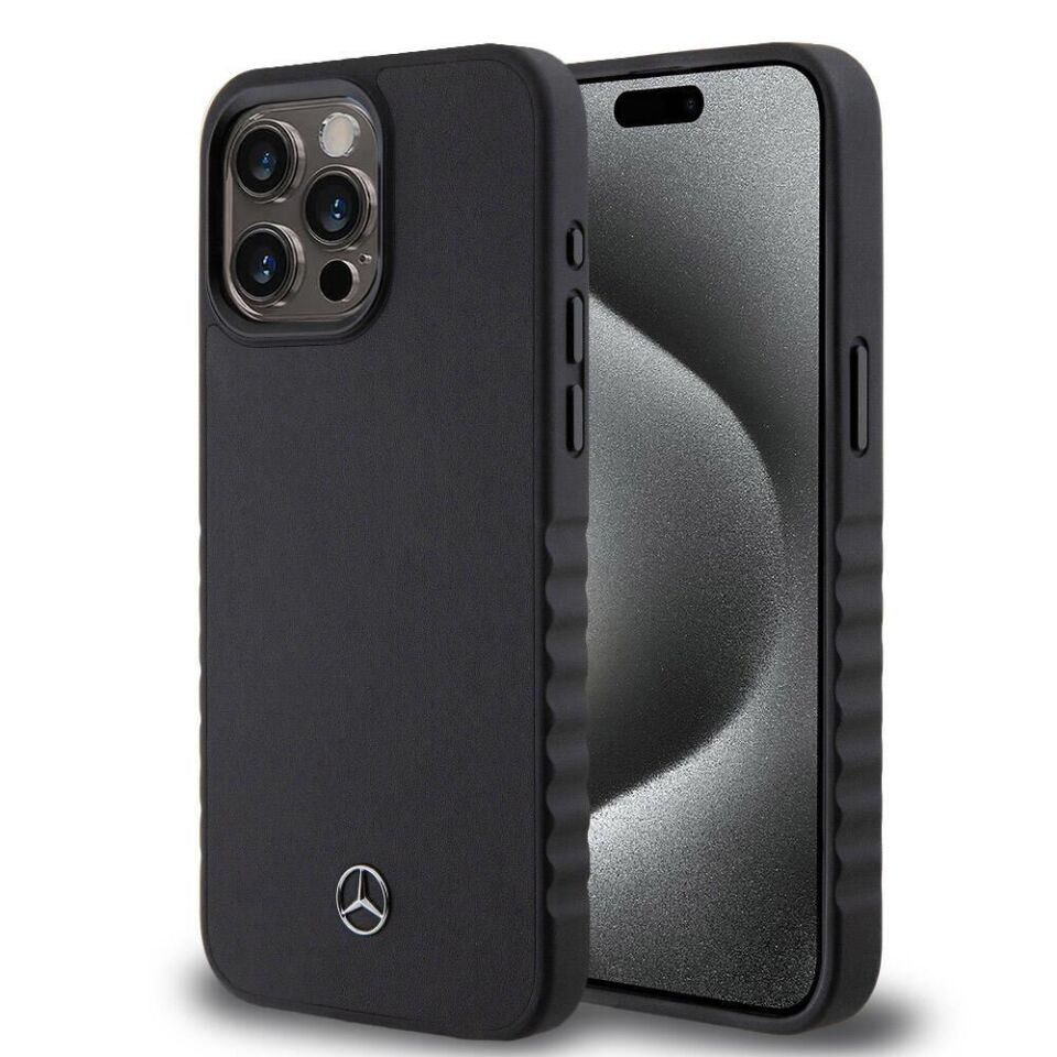 Apple iPhone 15 Pro Max Kılıf Mercedes Benz Orijinal Lisanslı Tırtıklı Kenar Tasarımlı Metal Yıldız Logolu Pürüzsüz Hakiki Deri Kapak