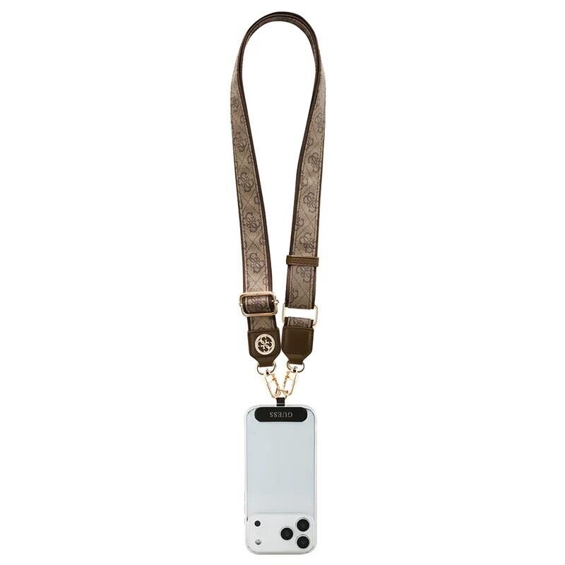 Guess Lisanslı Taşlı 4G Metal Logolu Çapraz Vücut Telefon Askı Kayışı 150cm Kahverengi