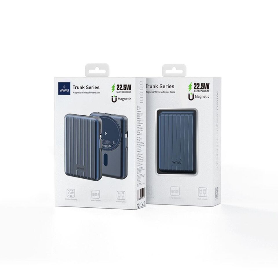 Wiwu PP03 Taşınabilir Wireless Şarj ve PD Hızlı Şarj Özellikli Powerbank 15W 10000mAh Mavi