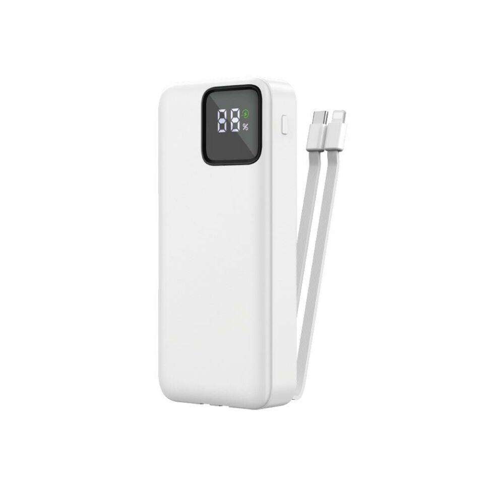 Wiwu JC-22 Dijital LED Ekran Şarj Göstergeli Type-C ve Lightning Kablolu Powerbank 22.5W 20000mAh Beyaz