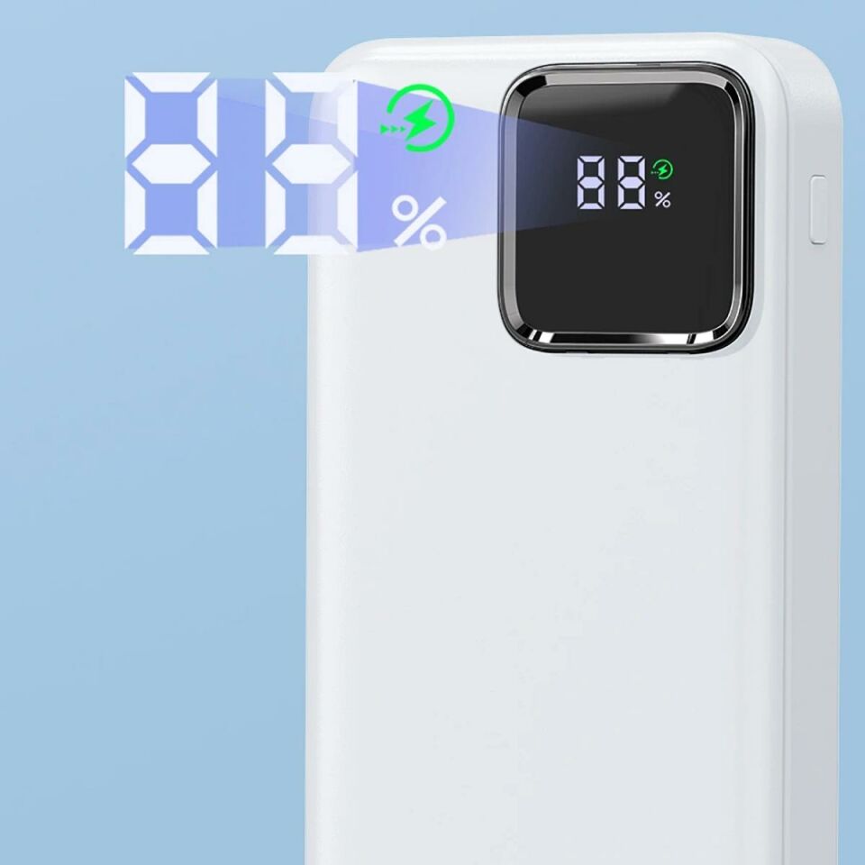 Wiwu JC-22 Dijital LED Ekran Şarj Göstergeli Type-C ve Lightning Kablolu Powerbank 22.5W 20000mAh Beyaz
