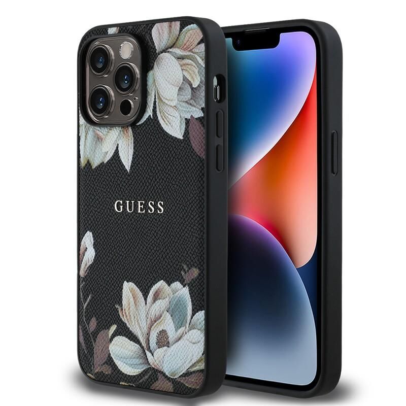 Guess Apple iPhone 14 Pro Max Kılıf  Orjinal Lisanslı M-safe Şarj Özellikli Taneli Çiçek Tasarımlı Metal Yazı Logolu Kılıf Siyah