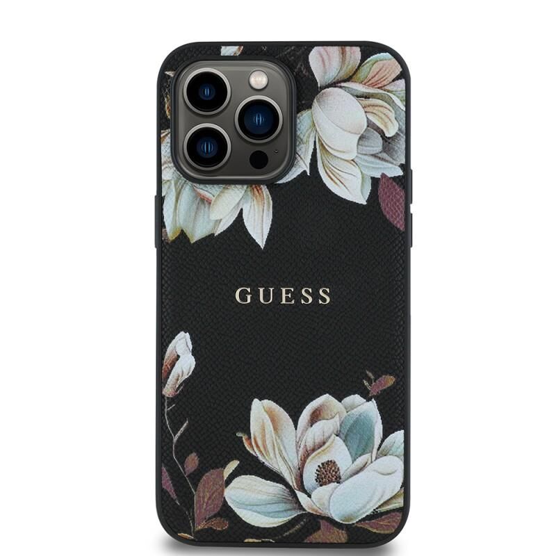 Guess Apple iPhone 14 Pro Max Kılıf  Orjinal Lisanslı M-safe Şarj Özellikli Taneli Çiçek Tasarımlı Metal Yazı Logolu Kılıf Siyah