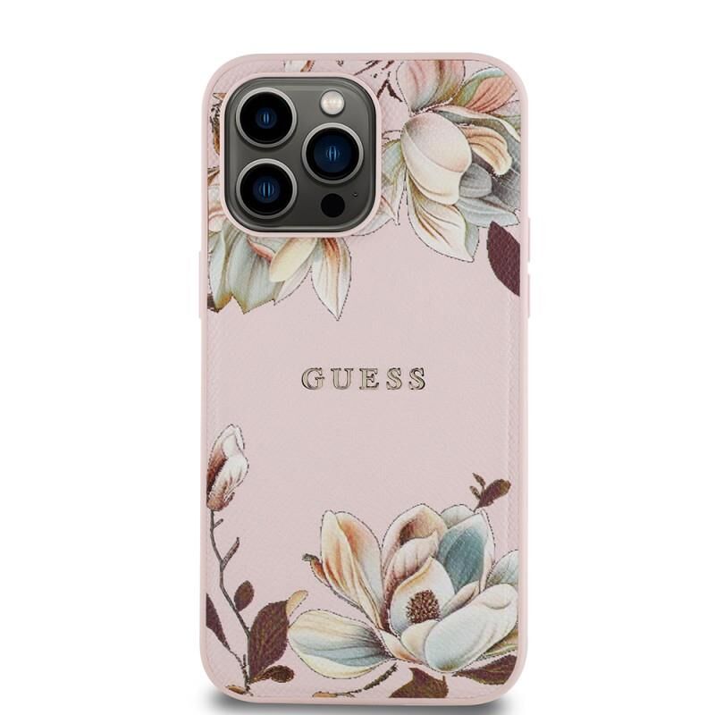 Guess Apple iPhone 14 Pro Max Kılıf  Orjinal Lisanslı M-safe Şarj Özellikli Taneli Çiçek Tasarımlı Metal Yazı Logolu Kılıf Pembe