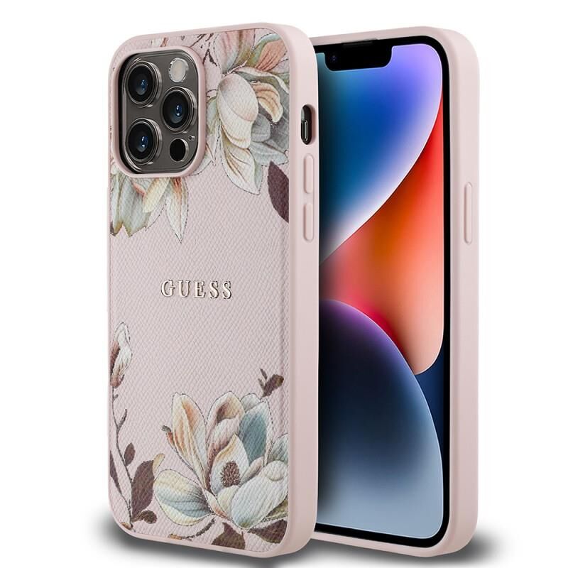Guess Apple iPhone 14 Pro Max Kılıf  Orjinal Lisanslı M-safe Şarj Özellikli Taneli Çiçek Tasarımlı Metal Yazı Logolu Kılıf Pembe