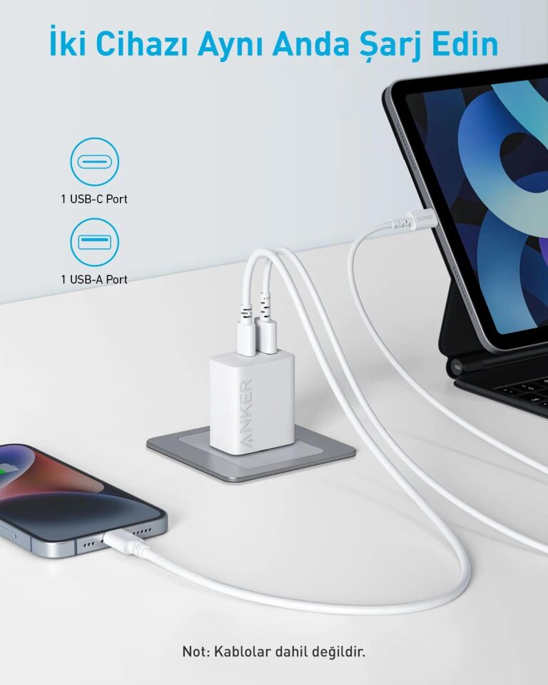 Anker 20W USB-C + USB-A Çift Portlu Şarj Cihazı - A2348 Beyaz