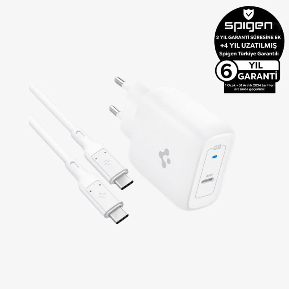 Spigen 45W  USB-C Adaptör + USB-C Örgü Şarj Kablo Beyaz