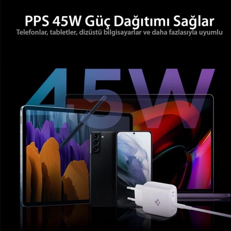 Spigen 45W  USB-C Adaptör + USB-C Örgü Şarj Kablo Beyaz