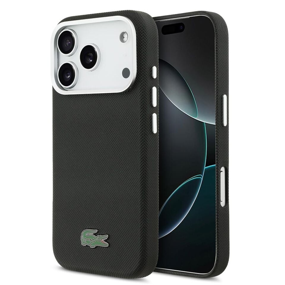 Lacoste iPhone 17 Pro Max  Lisanslı MagSafe Özellikli PVC Pike Desenli Arka Yüzey İkonik Timsah Dokuma Logolu Kılıf Siyah