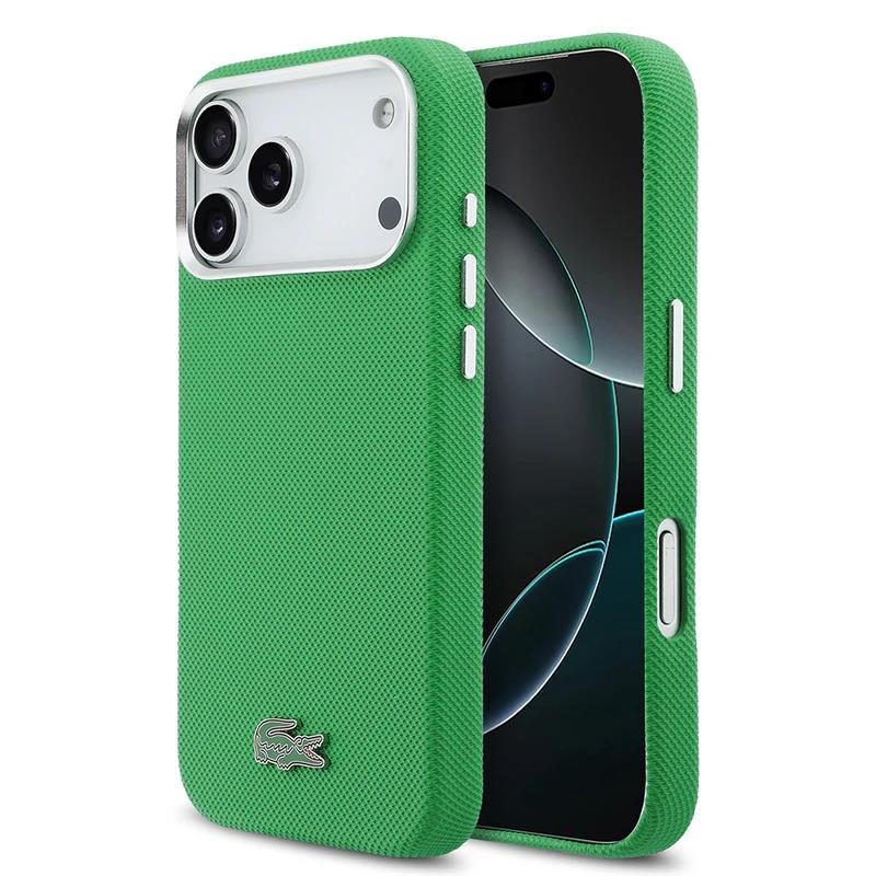 Lacoste iPhone 17 Pro Max  Lisanslı MagSafe Özellikli PVC Pike Desenli Arka Yüzey İkonik Timsah Dokuma Logolu Kılıf Yeşil