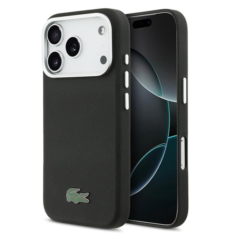 Lacoste iPhone 17 Pro Lisanslı MagSafe Özellikli PVC Pike Desenli Arka Yüzey İkonik Timsah Dokuma Logolu Kılıf Lacivert
