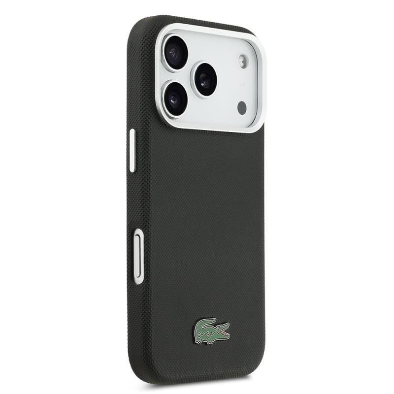 Lacoste iPhone 17 Pro Lisanslı MagSafe Özellikli PVC Pike Desenli Arka Yüzey İkonik Timsah Dokuma Logolu Kılıf Lacivert