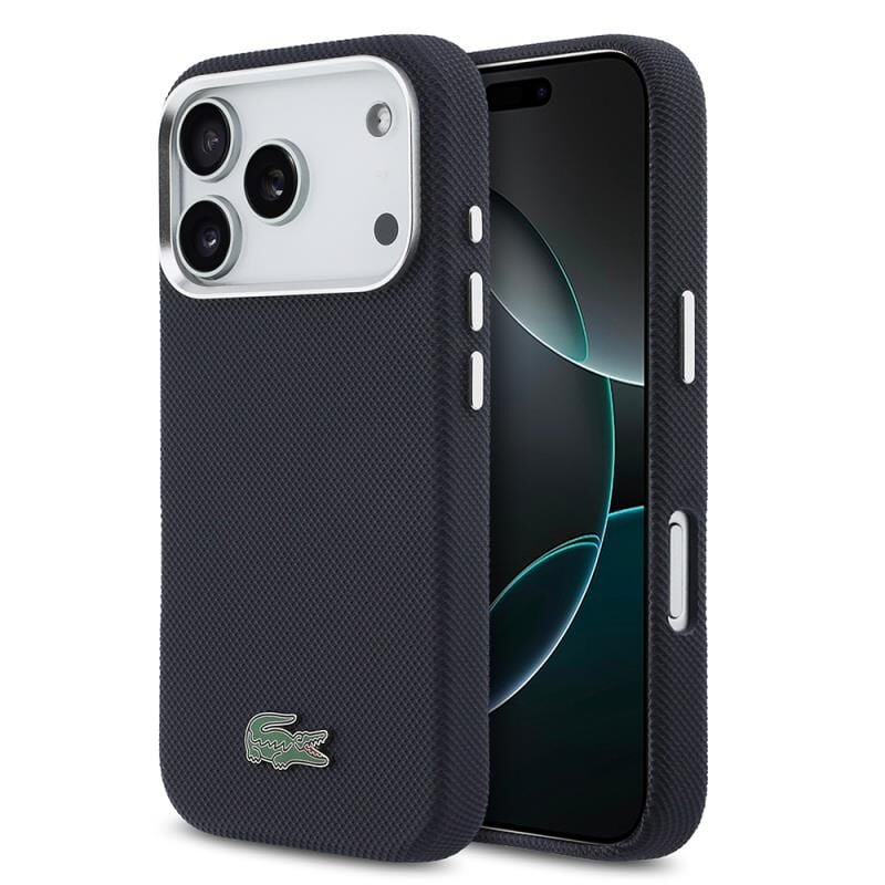 Lacoste iPhone 17 Pro Lisanslı MagSafe Özellikli PVC Pike Desenli Arka Yüzey İkonik Timsah Dokuma Logolu Kılıf Lacivert