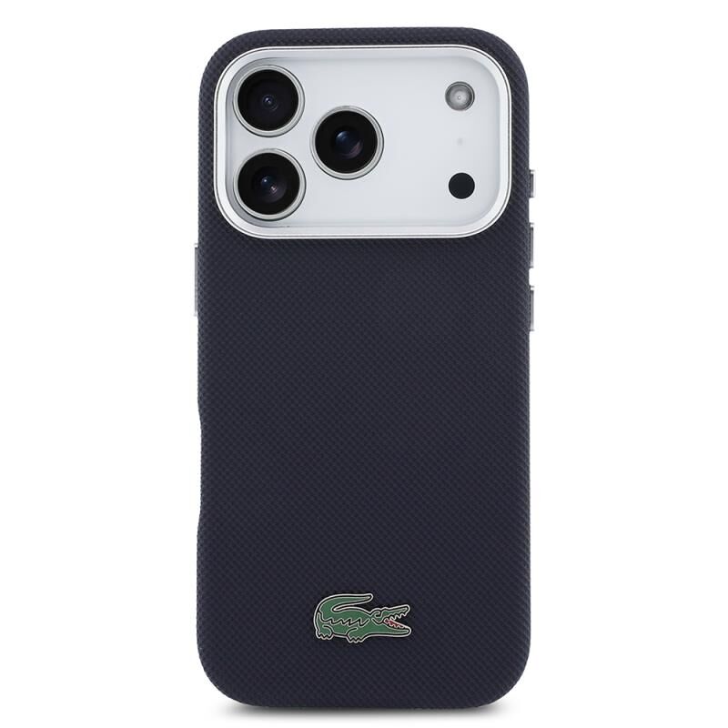 Lacoste iPhone 17 Pro Lisanslı MagSafe Özellikli PVC Pike Desenli Arka Yüzey İkonik Timsah Dokuma Logolu Kılıf Lacivert
