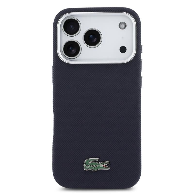 Lacoste iPhone 17 Pro Lisanslı MagSafe Özellikli PVC Pike Desenli Arka Yüzey İkonik Timsah Dokuma Logolu Kılıf Lacivert