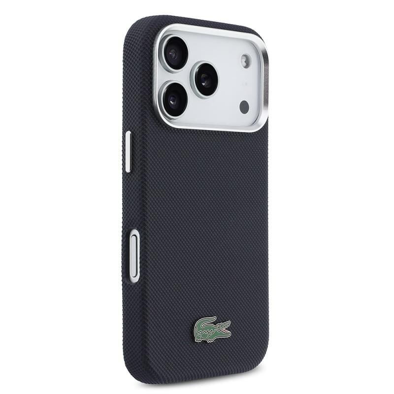 Lacoste iPhone 17 Pro Lisanslı MagSafe Özellikli PVC Pike Desenli Arka Yüzey İkonik Timsah Dokuma Logolu Kılıf Lacivert
