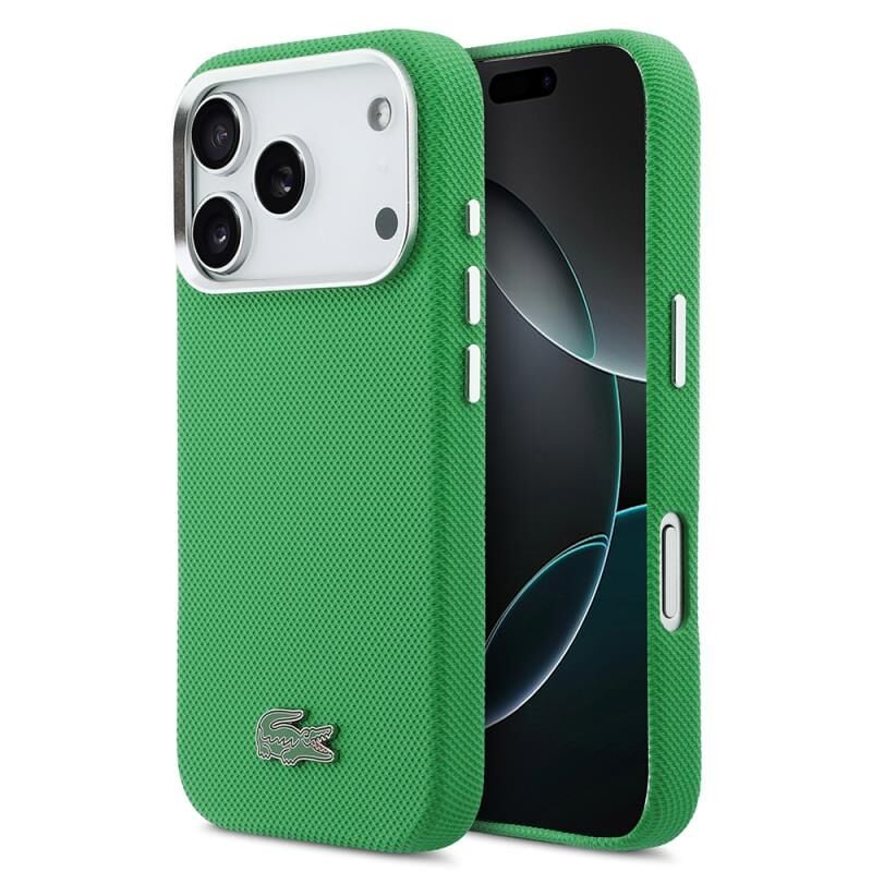 Lacoste iPhone 17 Pro Lisanslı MagSafe Özellikli PVC Pike Desenli Arka Yüzey İkonik Timsah Dokuma Logolu Kılıf Yeşil