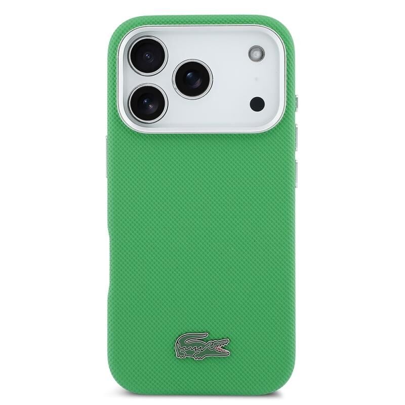 Lacoste iPhone 17 Pro Lisanslı MagSafe Özellikli PVC Pike Desenli Arka Yüzey İkonik Timsah Dokuma Logolu Kılıf Yeşil