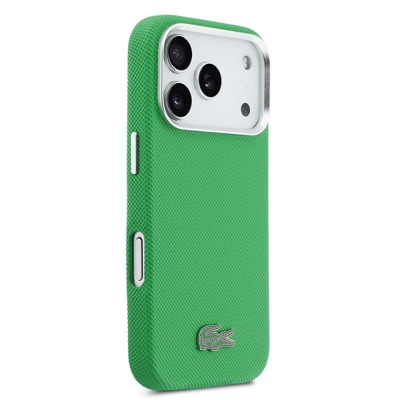 Lacoste iPhone 17 Pro Lisanslı MagSafe Özellikli PVC Pike Desenli Arka Yüzey İkonik Timsah Dokuma Logolu Kılıf Yeşil