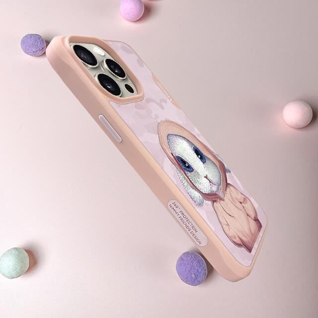 NIMMY iPhone 14 Pro Max Uyumlu Suni Deri Üstüne Gerçek Nakış İşlemeli Kıyafetli Tavşan Desenli Kılıf