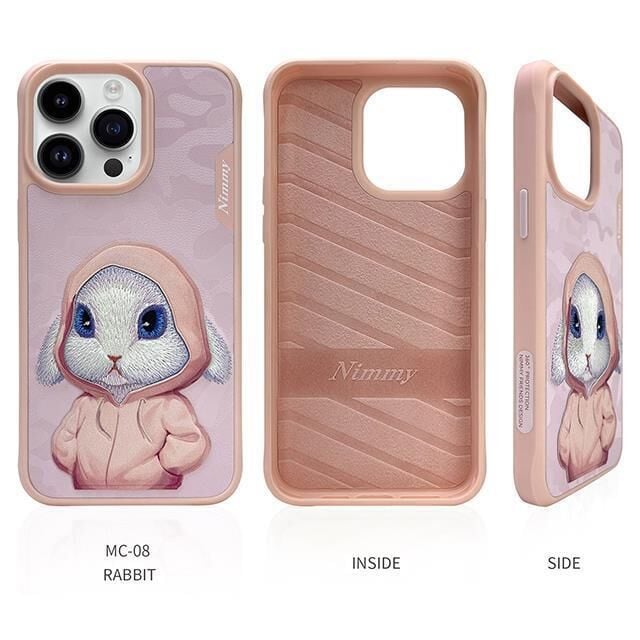NIMMY iPhone 14 Pro Max Uyumlu Suni Deri Üstüne Gerçek Nakış İşlemeli Kıyafetli Tavşan Desenli Kılıf