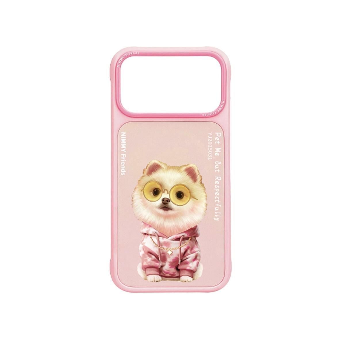 NIMMY iPhone 17 Pro Uyumlu  Gerçek Nakış İşlemeli Zincir ve Gözlük Detaylı Pomeranian Köpek Desenli Kılıf