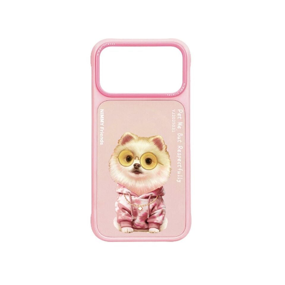 NIMMY iPhone 17 Pro Uyumlu  Gerçek Nakış İşlemeli Zincir ve Gözlük Detaylı Pomeranian Köpek Desenli Kılıf