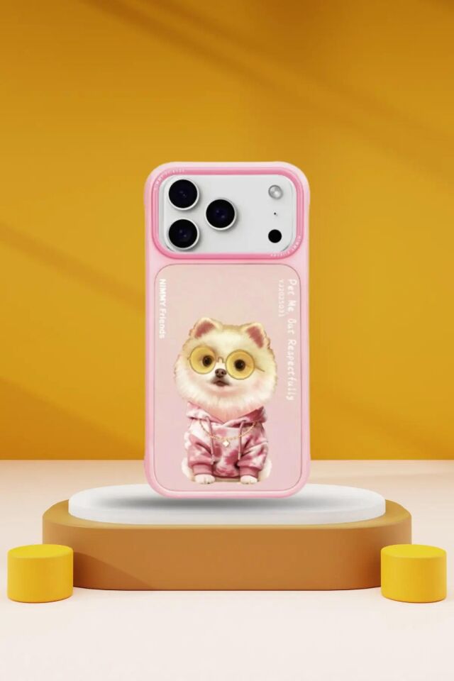NIMMY iPhone 17 Pro Uyumlu  Gerçek Nakış İşlemeli Zincir ve Gözlük Detaylı Pomeranian Köpek Desenli Kılıf