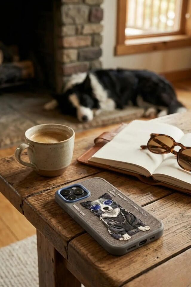 NIMMY iPhone 17 Pro Max Uyumlu  Nakış İşlemeli Zincir ve Gözlük Detaylı Border Collie Köpek Desenli Kılıf