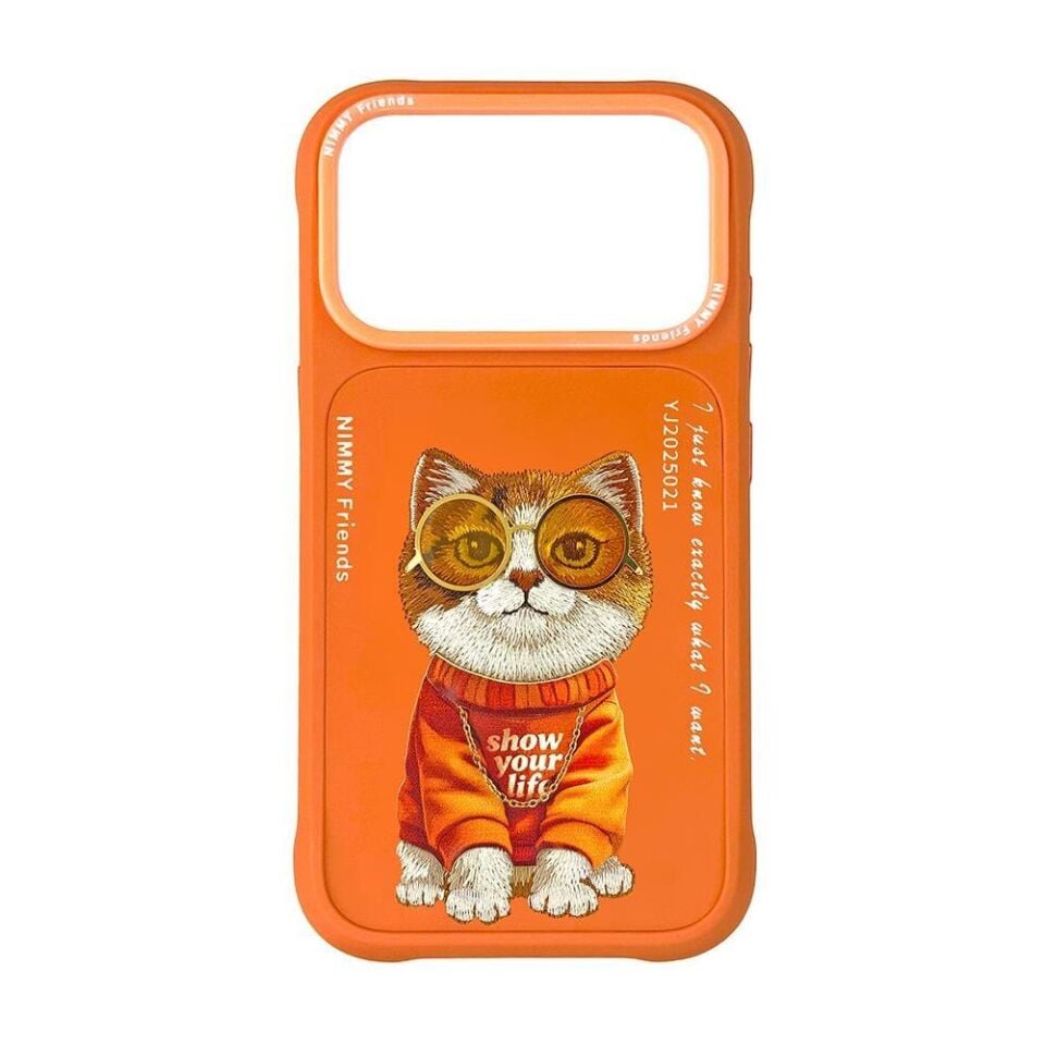 NIMMY iPhone 17 Pro Uyumlu Gerçek Nakış Gözlük ve Zincir Desenli Turuncu Glasses Serisi Kedili Telefon Kılıfı