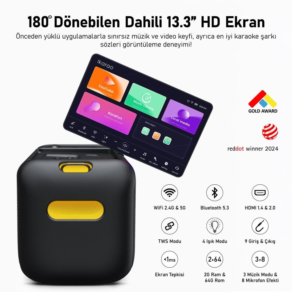 Ikarao Break X1 13,3 Tabletli Çift Mikrofonlu Karaoke Bluetooth Hoparlör