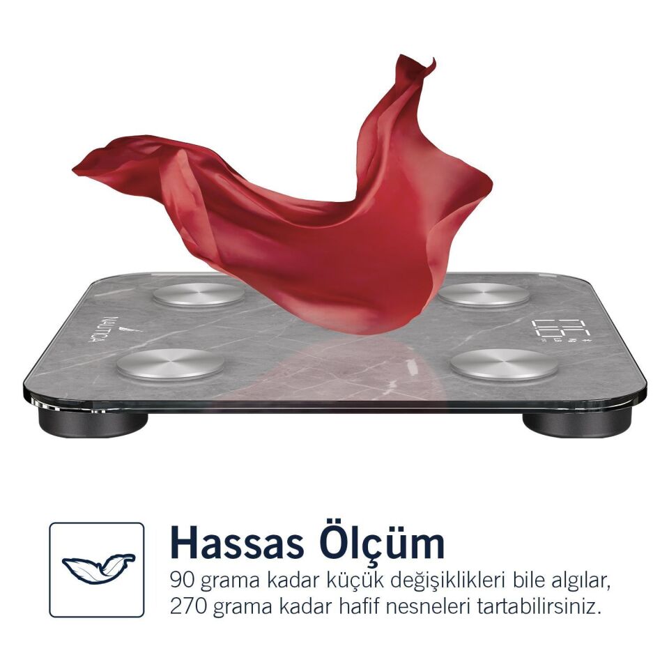 Nautica Marble Collection Vücut Analizli Akıllı Bluetooth Tartı Baskül Gri